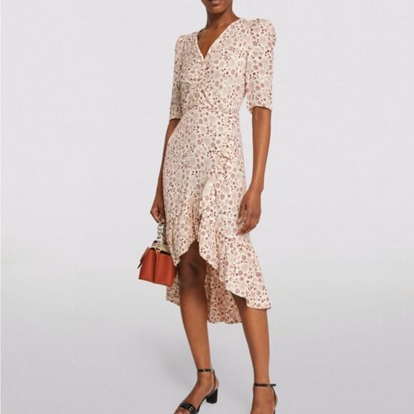 Sandro Paris Women's Trinidad Plein Soleil Faux Wrap Hi Lo Midi Dress Size 8 - Picture 1 of 14